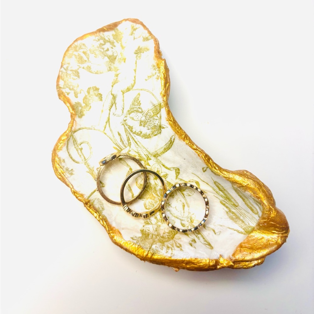 Handcrafted Oyster Shell Ring Dish W/ Gold Angel Botanical Decoupage Design.